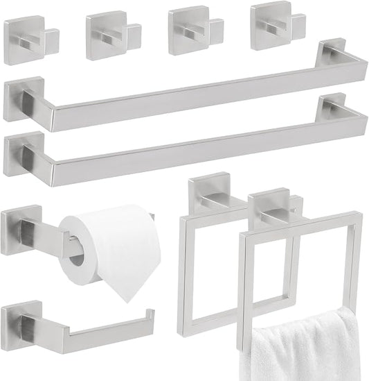 10 Pcs Silver Bathroom Hardware Accessories Set 23.6 Inch Wall Mounted | Bath Towel Bar Kit with Square Towel Racks Ring and Towel Hooks, Paper Holder, 304 Stainless Steel