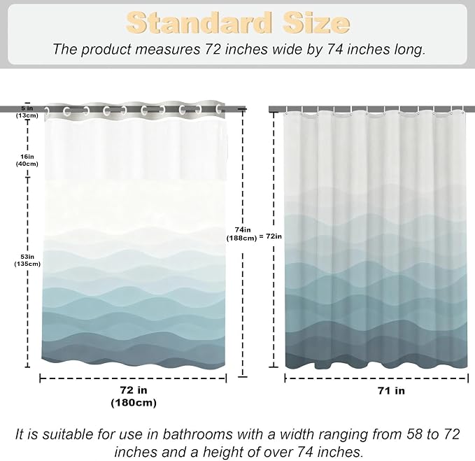 Modern Luxury Striped No Hook Shower Curtain Ocean Abstract Aesthetic | Funky No Hook Shower Curtain with Snap in Liner, Waterproof Ringless Shower Curtains for Bathroom 72x74 Inch Blue