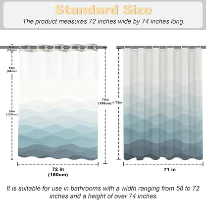 Modern Luxury Striped No Hook Shower Curtain Ocean Abstract Aesthetic | Funky No Hook Shower Curtain with Snap in Liner, Waterproof Ringless Shower Curtains for Bathroom 72x74 Inch Blue