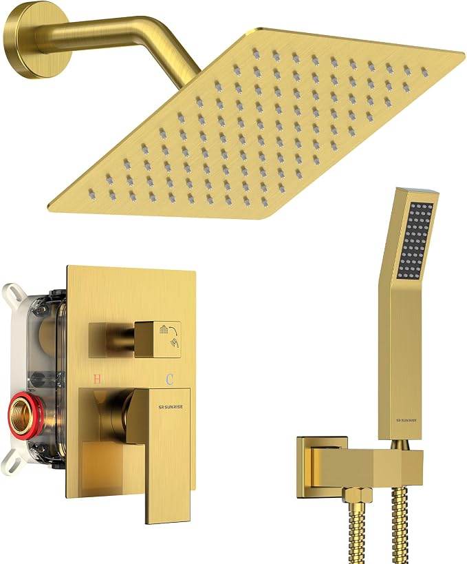SR SUN RISE Shower System - Shower Faucet Set with 8 Inch Rain Shower Head and Handheld Shower - High Pressure Rain Shower System - All Metal Shower Faucet Trim Repair Kits - Brushed Gold