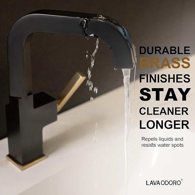 Black and Gold Bathroom Faucet, Lava Odoro Brass Single Hole Bathroom Sink Faucet 1 Handle Swivel Vanity Faucet with Drain Assembly, Solid Brass Vessel Sink Faucet Deck Plate Included, BF204-GB