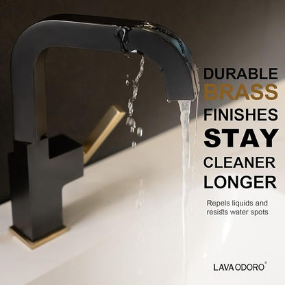 Black and Gold Bathroom Faucet, Lava Odoro Brass Single Hole Bathroom Sink Faucet 1 Handle Swivel Vanity Faucet with Drain Assembly, Solid Brass Vessel Sink Faucet Deck Plate Included, BF204-GB