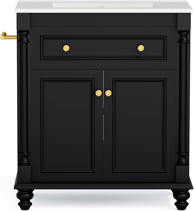 YESHOMY 30" Bathroom Vanity with Sink, Bathroom Storage Cabinet | Bathroom Vanity, Solid Wood, Integrated Ceramic Basin, 1 Flip-Down Drawer, 2 Doors & Adjustable Shelf, Black