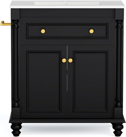 YESHOMY 30" Bathroom Vanity with Sink, Bathroom Storage Cabinet | Bathroom Vanity, Solid Wood, Integrated Ceramic Basin, 1 Flip-Down Drawer, 2 Doors & Adjustable Shelf, Black