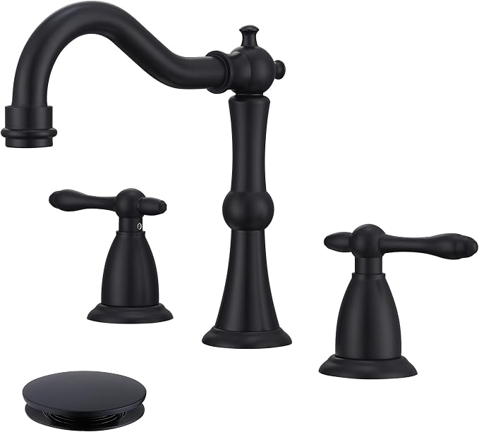 Matte Black Antique Bathroom Faucet 3 Hole, Widespread Sink Faucet with Pop Up Drain and cUPC Supply Hose, Modern 2 Handle Black Faucet for Bathroom Sink JXM3073BK