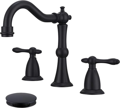 Matte Black Antique Bathroom Faucet 3 Hole, Widespread Sink Faucet with Pop Up Drain and cUPC Supply Hose, Modern 2 Handle Black Faucet for Bathroom Sink JXM3073BK