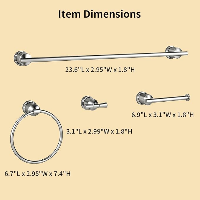 Brushed Stainless Steel Bathroom Hardware Set, 4-Pieces Wall Mounted Bath Accessories Kit with Towel Bar, Towel Ring, Toilet Paper Holder & Robe Hooks, Modern Durable Design