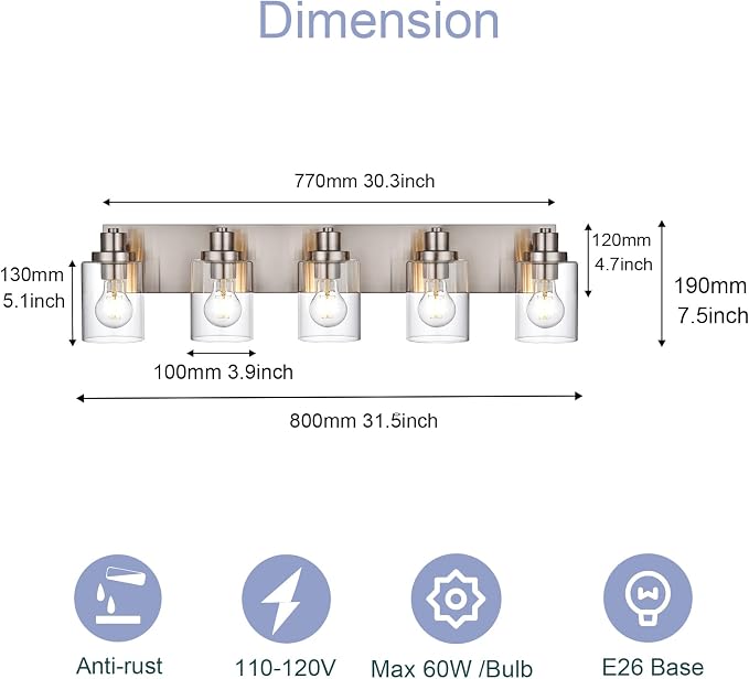 5 Light Brushed Nickel Vanity Lights Bathroom Lighting Fixtures Over Mirror, Modern Bathroom Lights with Clear Glass Shade, Farmhouse Vanity Wall Sconces Lighting for Bedroom Living Room