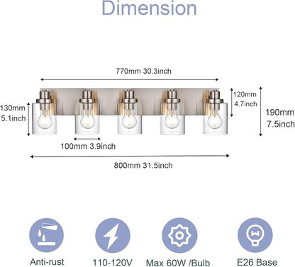 5 Light Brushed Nickel Vanity Lights Bathroom Lighting Fixtures Over Mirror, Modern Bathroom Lights with Clear Glass Shade, Farmhouse Vanity Wall Sconces Lighting for Bedroom Living Room
