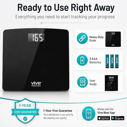 Vive Smart Body Weight Scale (550lbs Capacity) - Heavy Duty Bariatric Digital Scale for BMI - Plus Size, Large Display - Bathroom Device for Health Extra Wide Base & Smartphone Connectivity