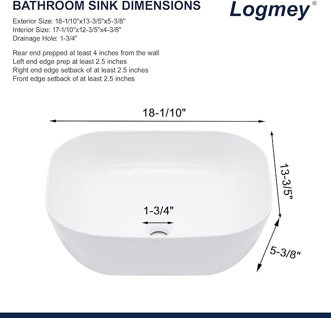 Logmey 18 Inch Bathroom Sink 18x14 Countertop Vessel Sink Rectangular Large Porcelain Ceramic White Bathroom Sink Modern Above Counter Vanity Sink Bowl