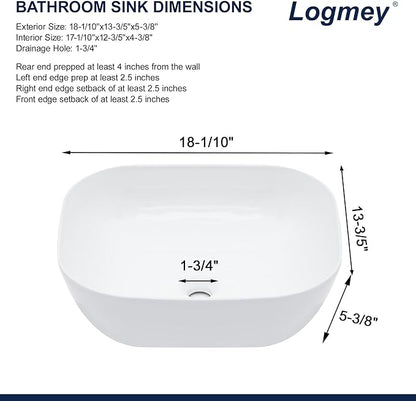 Logmey 18 Inch Bathroom Sink 18x14 Countertop Vessel Sink Rectangular Large Porcelain Ceramic White Bathroom Sink Modern Above Counter Vanity Sink Bowl