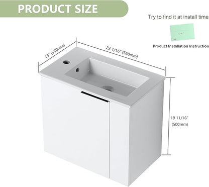 22" Bathroom Vanity with Sink, 22 Inch Floating Bathroom Vanity for Small Space, Modern Bathroom Vanity, White Wall Mounted Cabinet Set（002）