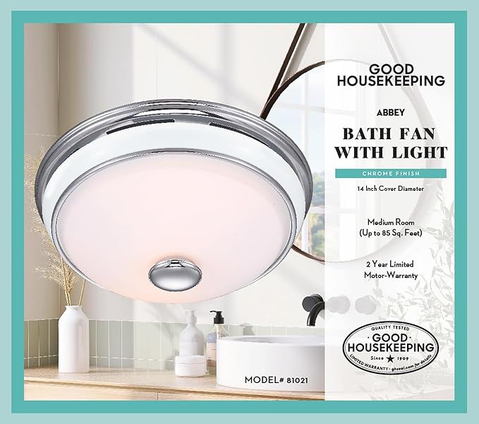 Good Housekeeping Abbey 81021 Decorative Bathroom Ventilation Exhaust Fan with Lighting, Medium, Chrome & Porcelain