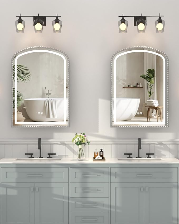 Daisy Beaded LED Medicine Cabinet with Mirror, Lighted Bathroom Mirror with Storage Full-Metal, Dimmable 3 Colors Lighting Anti-Fog and Memory Function, 1 Organizer Box, Bling Silver 20x28 Inch