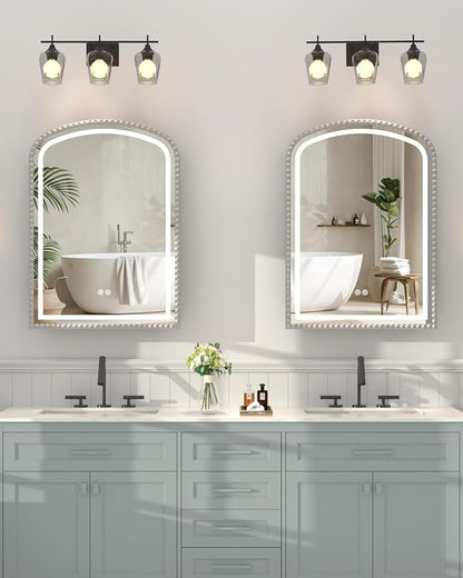Daisy Beaded LED Medicine Cabinet with Mirror, Lighted Bathroom Mirror with Storage Full-Metal, Dimmable 3 Colors Lighting Anti-Fog and Memory Function, 1 Organizer Box, Bling Silver 20x28 Inch