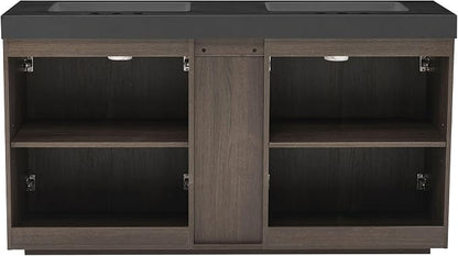 60 Inch Bathroom Vanity with Double Sink, Freestanding Double Sink Bathroom Vanity with Black Engineered Stone Top, Open Storage Cabinet & Adjustable Shelf, Smoked Oak Brown (3 Holes)