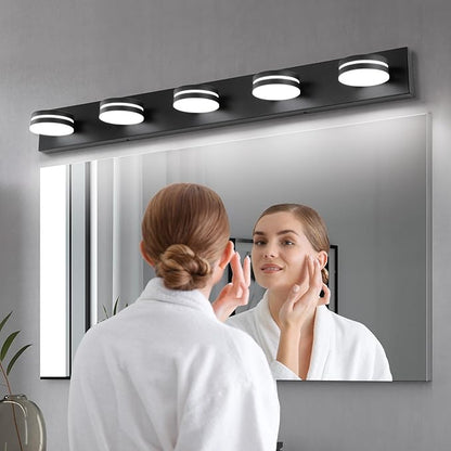 5-Light Bathroom Vanity Light, Modern LED Bathroom Light Fixture Over Mirror, Matte Black Bath Wall Lighting, Dimmable 5500K Vanity Lighting Fixture with 360°Rotable Head