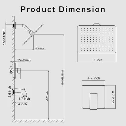 8" Square Rainfall Shower Faucet Set with Tub Spout, Chrome | Wall Mounted, Single Handle, Rough-in Valve, 1/2" NPT, Air Pressure Boost