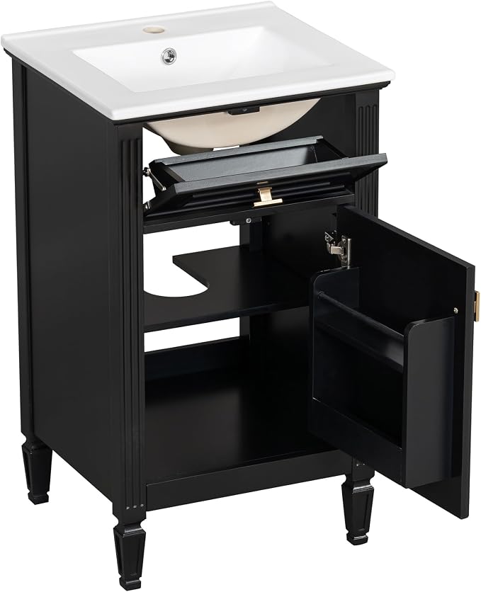 GDFStudio Hawthorne 20" Modern Bathroom Vanity with Sink, Freestanding Bathroom Vanity Organizer with Tilt Out Drawer, Adjustable Shelf and Solid Wood Legs, Single Sink Bathroom Vanity, Black