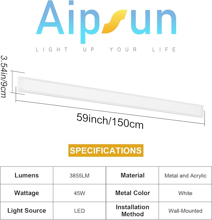 Aipsun Porch Wall Lights 56.3inch Long Strip Modern Outdoor Wall Light Fixture, White Wall Mount Lighting Sconce Exterior Lights Wall Sconce 3000K for House Living Room Corridor(1 Pack)