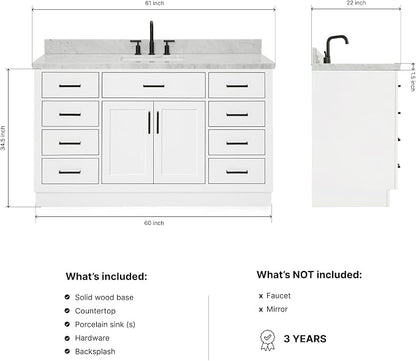 ARIEL Hepburn 60-inch Bathroom Vanity with Sink,Solid Wood, 1.5-inch Italian Carrara Marble Countertop, Single Rectangular Porcelain Sink, 2 Soft Closing Doors, 9 Dovetail Drawers, White