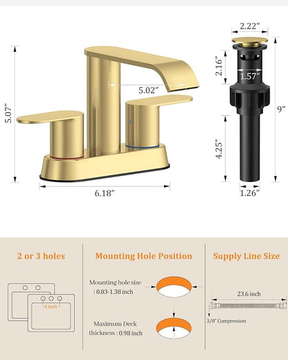 Homevacious Brushed Gold Bathroom Faucets Waterfall 4 Inch Centerset | Bathroom Sink Faucet Stainless Steel with Pop up Sink Drain Supply Hose Basin Mixer Tap for Vanity RV 2 or 3 Hole Sink