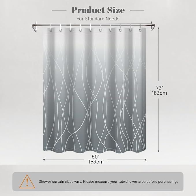 Striped Shower Curtain for Bathroom, Ombre Grey, 60" W x 72" L | with Hooks, Modern Hotel Style, Water Repellent, Washable, Weighted Hem
