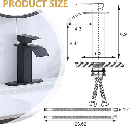 Matte Black Waterfall Bathroom Faucet, Single Handle Bathroom Sink Faucet for 1 or 3 Hole, Modern Vanity Faucet with Deck, Pop-up Drain and Supply Hoses
