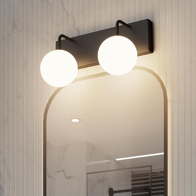 Tipace Black Vanity Light Fixtures, 2-Light Modern Bathroom Light Over Mirror with White Milk White Globe Glass for Bathroom (Exclude Bulb)