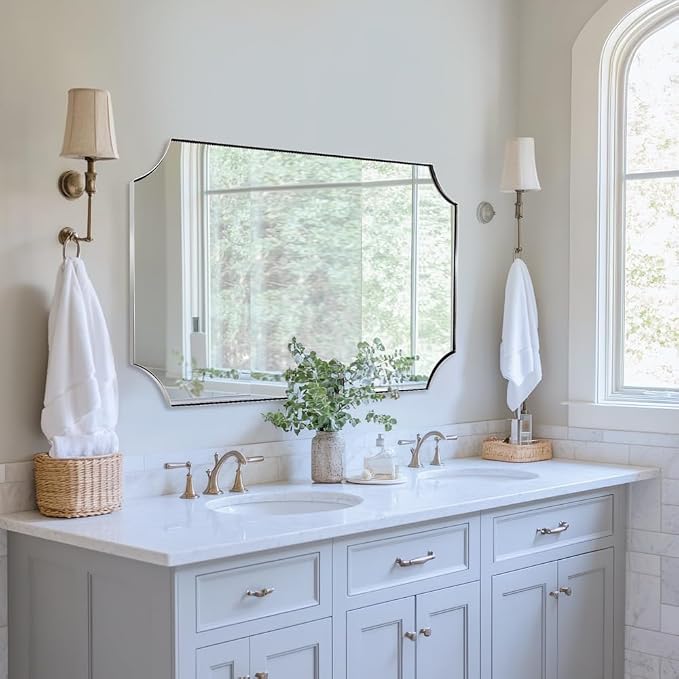 30x48 Inch Chrome Mirror, Large Scalloped Bathroom Mirror, Unique Rectangle Mirror with Rust-Proof Stainless Steel 1" Frame, Hangs Vertically or Horizontally