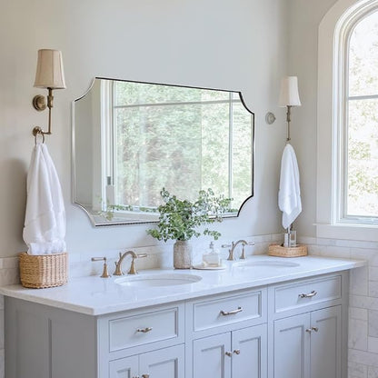 30x48 Inch Chrome Mirror, Large Scalloped Bathroom Mirror, Unique Rectangle Mirror with Rust-Proof Stainless Steel 1" Frame, Hangs Vertically or Horizontally