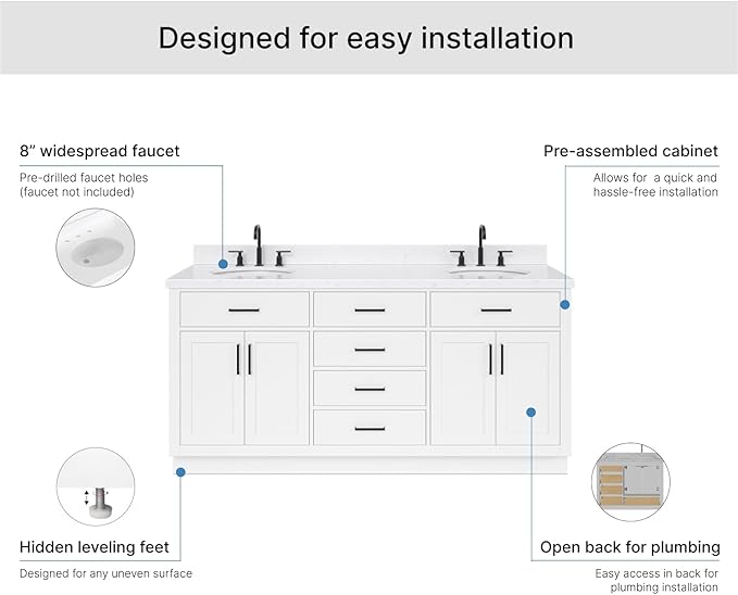ARIEL Hepburn 72-inch Bathroom Vanity with Sink,Solid Wood, 1.5-inch Carrara White Quartz Countertop & Backsplash, Double Oval Porcelain Sink, 4 Soft Closing Doors, 6 Dovetail Drawers, White