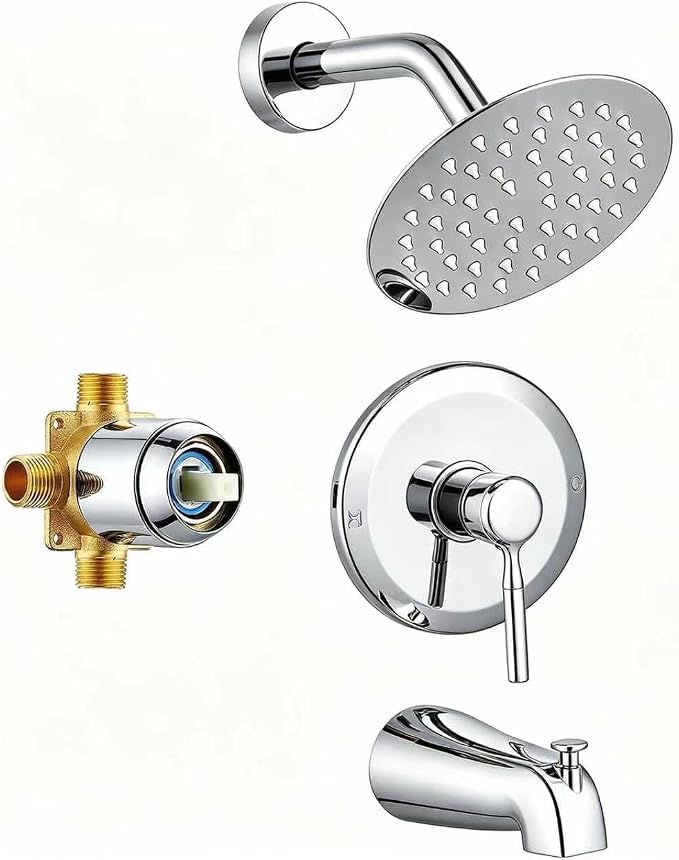 Tub Shower Faucet Set Valve Included with 6-Inch Rain Shower Head and Tub Spout Single-Handle Tub and Shower Trim Kit Chrome for Bathroom Remodels — Regaderas Para Baño Con Tina Modernas