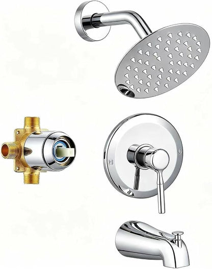 Tub Shower Faucet Set Valve Included with 6-Inch Rain Shower Head and Tub Spout Single-Handle Tub and Shower Trim Kit Chrome for Bathroom Remodels — Regaderas Para Baño Con Tina Modernas