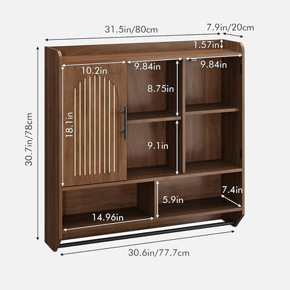 RUSTOWN Fluted Bathroom Wall Cabinet, Mid-Century Modern Medicine Cabinet with Adjustable Shelves & Towel Bar,3-Tier Wall Mounted Cabinets, Over The Toilet Storage Cabinets for Bathroom, Dark Walnut