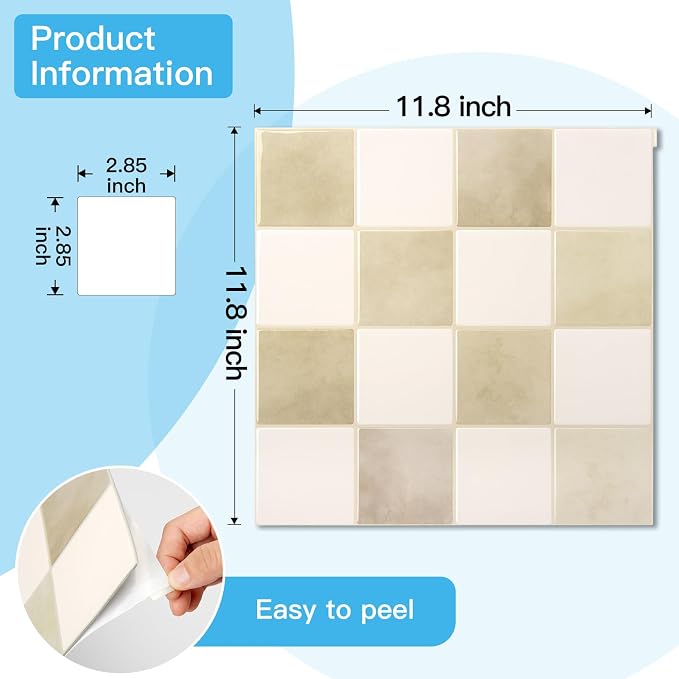 Art3d Grid Peel and Stick Backsplash, 10-Pack, 12 x 12 in, Beige and White | Enhanced Thickness, Strong Adhesion, Moisture Resistant, Long-Lasting, Minimalist Look, DIY Friendly, for Kitchen Countertops