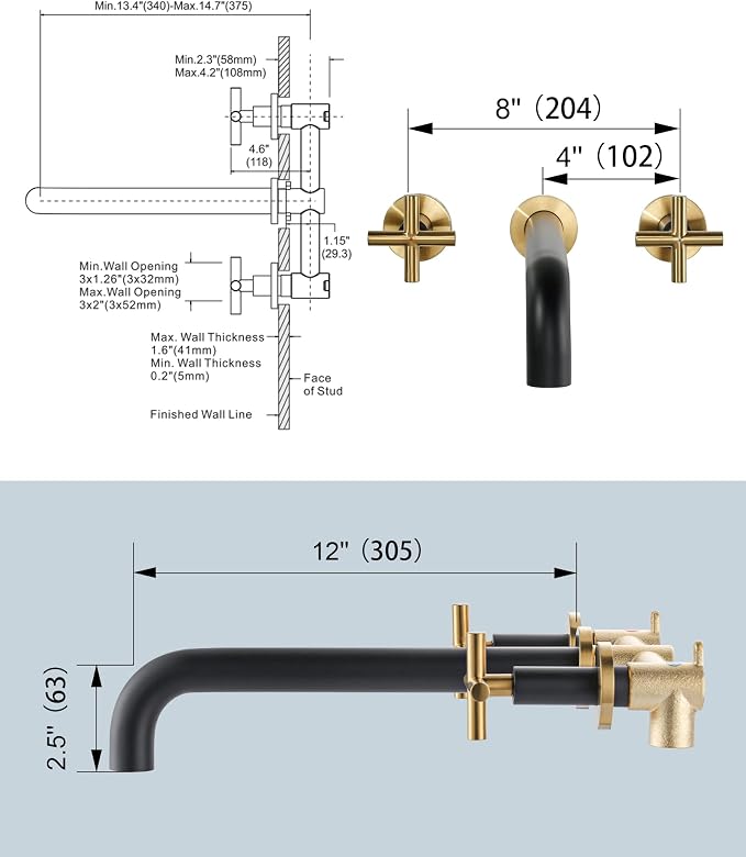 ARCORA Wall Mount Tub Filler: Black and Gold Bathtub Faucet Long Spout Reach 2 Cross Handles Tub Faucet with Brass Rough in Valve Included