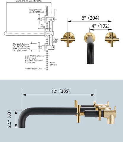 ARCORA Wall Mount Tub Filler: Black and Gold Bathtub Faucet Long Spout Reach 2 Cross Handles Tub Faucet with Brass Rough in Valve Included
