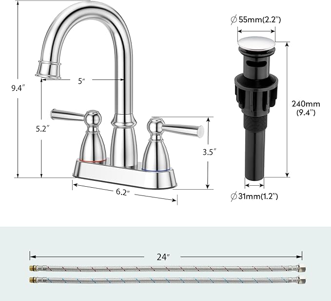 CREA 4 Inch Centerset Bathroom Faucet 2 or 3 Hole,Double Handle Bathroom Faucets with Pop Up Drain/ 360° Swivel Chrome Vanity Basin Mix Tap