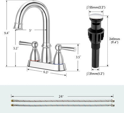 CREA 4 Inch Centerset Bathroom Faucet 2 or 3 Hole,Double Handle Bathroom Faucets with Pop Up Drain/ 360° Swivel Chrome Vanity Basin Mix Tap