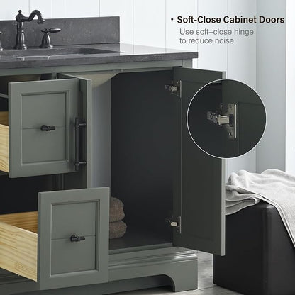 Vanity Art 36 Inch Bathroom Vanity with Single Sink, Vintage Green | Solid Wood, Ceramic Sink, Marble Top, Waterproof Backsplash, Pre-assembled, Soft-close Doors, Ample Storage, Freestanding