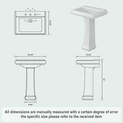 26" W X 20" D Bathroom Pedestal Sink, Rectangular White Ceramic Vanity Sink with Overflow and 3 Pre-Drilled Holes - Fits 8-Inch Faucets,Freestanding Restroom Sink Combo for Small Spaces