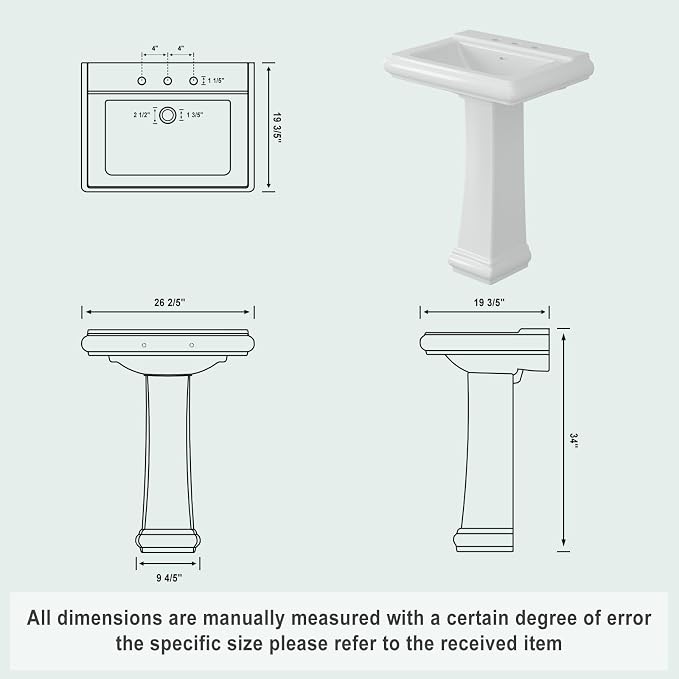 GarveeHome 26" W x 20" D White Ceramic Rectangular Pedestal Sink, Bathroom Vanity Sink with Overflow and 3 Pre-Drilled Holes for 8-Inch Faucets, Freestanding Sink Combo for Small Spaces