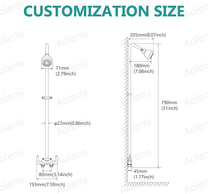 Aolemi Outdoor Shower Fixtures, 31" Exposed Shower System with Shower Head, 2-Handle Outdoor Shower Kit, 3 Inch Center Brass Mixing Valve, Polish Chrome