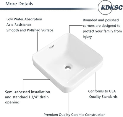 Bathroom Vessel Sink 16.6" X 16.6" Semi Recessed Bathroom Sink Square Drop In Bathroom Sinks with Overflow White Ceramic Vessel Sinks for Bathroom Modern Above Counter Basin Vanity Sink
