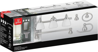 Globe Electric 50700 3-Light Vanity All-in-One Bathroom Set, 5 Piece Brushed Steel Finish, 70, Bulb Not Included
