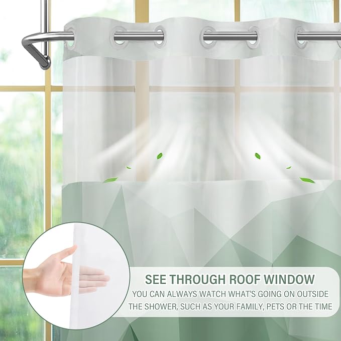 No Hook Shower Curtain with Snap in Liner Set, Green, 71x74 | Waterproof Fabric for Bathroom, Modern Hotel Style Ombre Design, Mesh Top Window, Machine Washable, Quick Install
