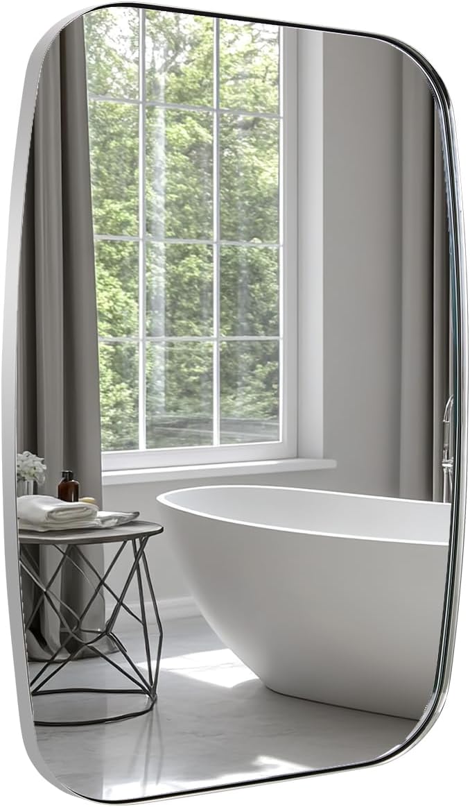 Chrome Oblong Mirror, 32x40 Inch Polished Chrome Oval Mirror for Bathroom with Stainless Steel Metal Frame, Wall Mouned for Bathroom, Living Room, Entryway