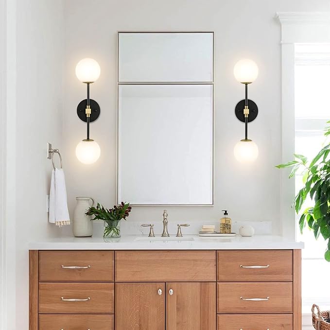 Modern Wall Sconce 2-Lights Industrial Mid Century Bathroom Vanity Wall Light with White Globe Glass Shade Gold & Black Finished Lighting Fixture